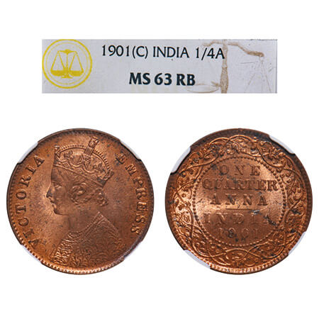 Victoria Empress, Copper, Quarter Anna, 1901, Calcutta Mint, B/II, No mint mark. F. Prid 6