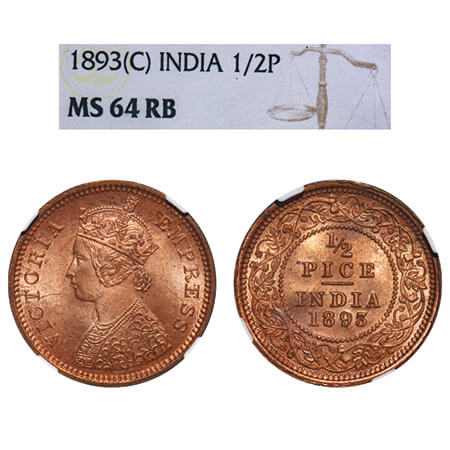 Victoria Empress, Copper, 1/2 Pice, 1893, Calcutta Mint, A/I, No mint mark. F. Prid 726. G