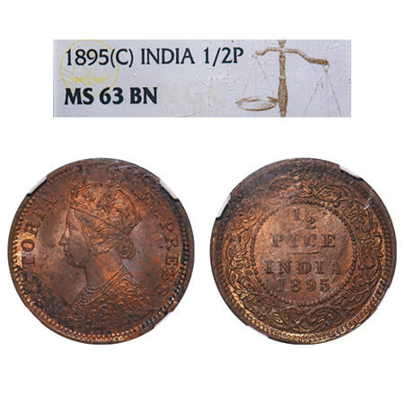 Victoria Empress, Copper, 1/2 Pice, 1895, Calcutta Mint, A/I, No mint mark. F. Prid 728. G