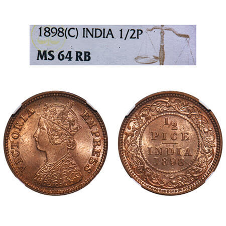 Victoria Empress, Copper, 1/2 Pice, 1898, Calcutta Mint, A/I, No mint mark. F. Prid 731. G
