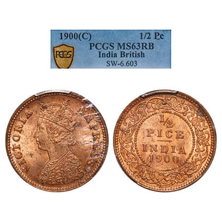 Victoria Empress, Copper, 1/2 Pice, 1900, Calcutta Mint, A/I, No mint mark. F. Prid 733. G