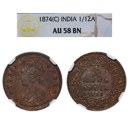 Victoria Queen, Copper, 1/12 Anna, 1874, Calcutta Mint, No mint mark, Obv A. F. Prid 783. 