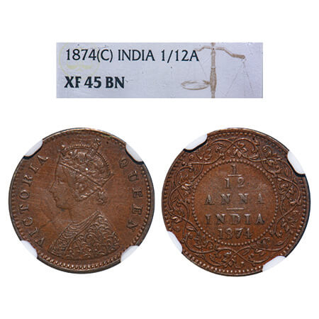 Victoria Queen, Copper, 1/12 Anna, 1874, Calcutta Mint, No mint mark, Obv A. F. Prid 783. 