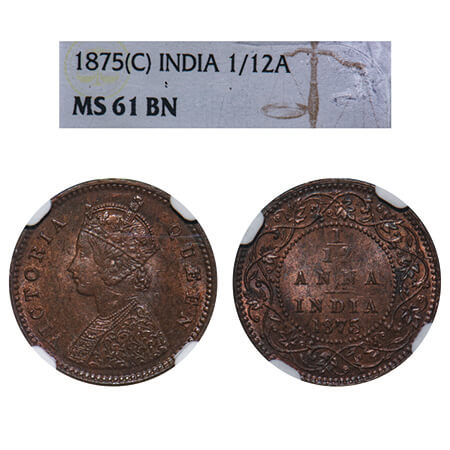 Victoria Queen, Copper, 1/12 Anna, 1875, Calcutta Mint, No mint mark, Obv A. F. Prid 784. 