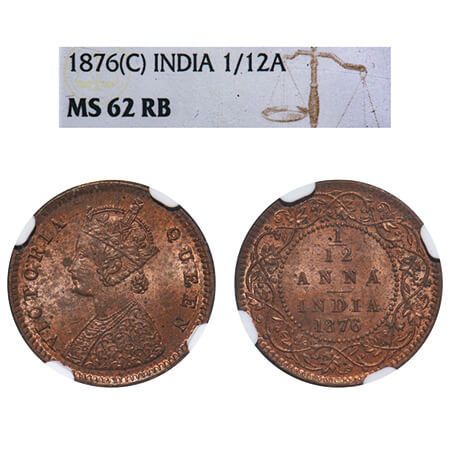 Victoria Queen, Copper, 1/12 Anna, 1876, Calcutta Mint, Obv A, No mint mark. F. Prid 785. 