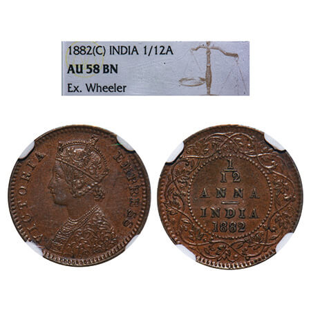 Victoria Empress, Copper, 1/12 Anna, 1882, Calcutta Mint, 'C' incused, Obv B. F. Prid 788.