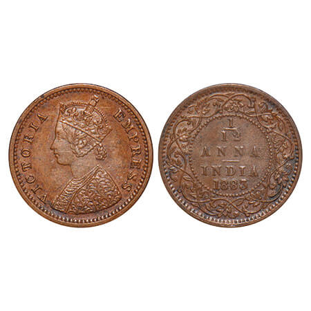 Victoria Empress, Copper, 1/12 Anna, 1883, Bombay Mint, No mint mark, Obv A. F. Prid 811. 