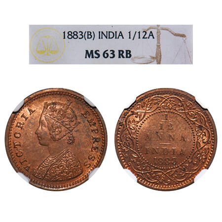 Victoria Empress, Copper, 1/12 Anna, 1883, Bombay Mint, No mint mark, Obv A. F. Prid 811. 