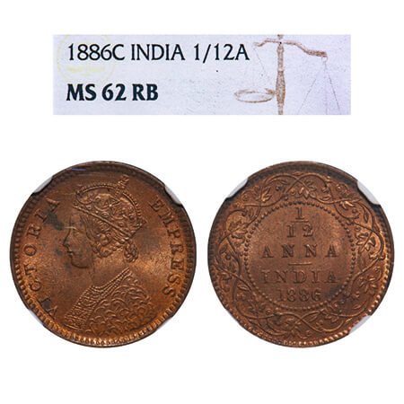 Victoria Empress, Copper, 1/12 Anna, 1886, Calcutta Mint, 'C' incused, Obv B. F. Prid 791.