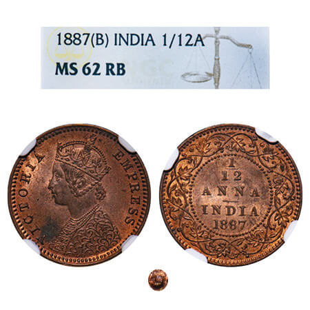 Victoria Empress, Copper, 1/12 Anna, 1887, Calcutta Mint, 'C' incused, Obv B, The slab men
