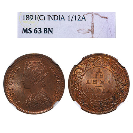 Victoria Empress, Copper, 1/12 Anna, 1891, Calcutta Mint, No mint mark, Obv B. F. Prid 796