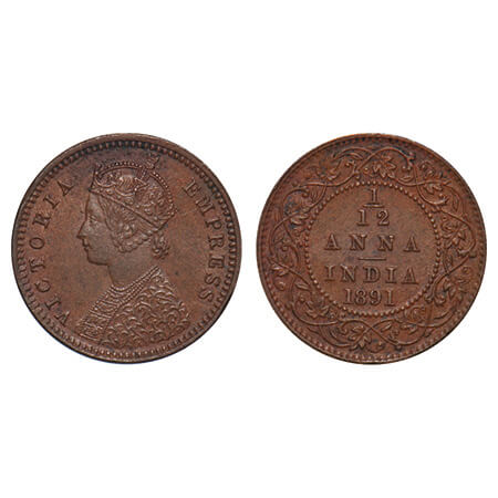Victoria Empress, Copper, 1/12 Anna, 1891, Calcutta Mint, No mint mark, Obv B. F. Prid 796