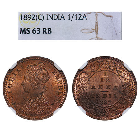 Victoria Empress, Copper, 1/12 Anna, 1892, Calcutta Mint, No mint mark, Obv B. F. Prid 797