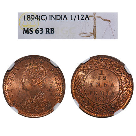 Victoria Empress, Copper, 1/12 Anna, 1894, Calcutta Mint, No mint mark, Obv B. F. Prid 799