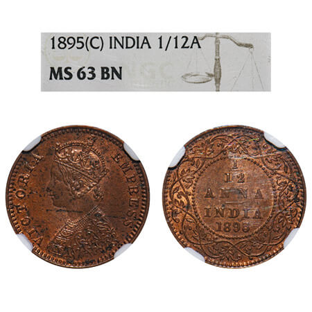 Victoria Empress, Copper, 1/12 Anna, 1895, Calcutta Mint, No mint mark, Obv B. F. Prid 800