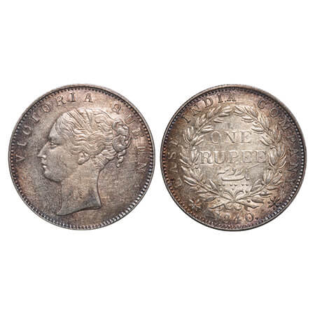 Victoria Queen, Silver, Rupee, 1840, CL, Calcutta Mint, A/II, English Head, With bud leave