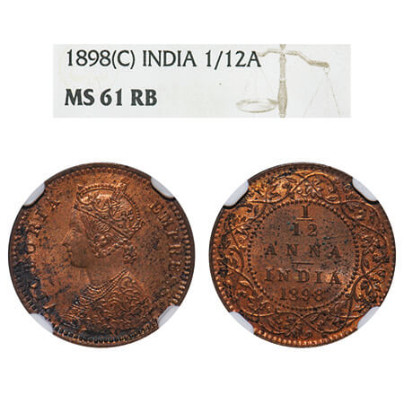Victoria Empress, Copper, 1/12 Anna, 1898, Calcutta Mint, No mint mark, Obv B. F. Prid 803