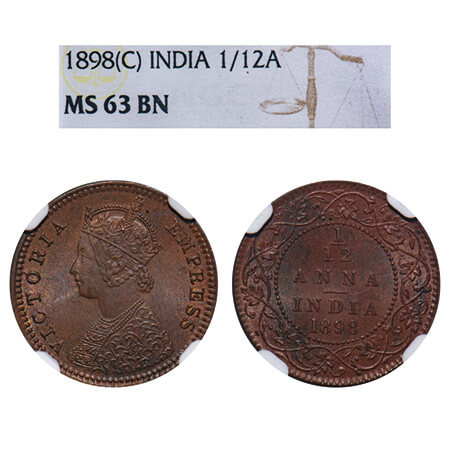 Victoria Empress, Copper, 1/12 Anna, 1898, Calcutta Mint, No mint mark, Obv B. F. Prid 803
