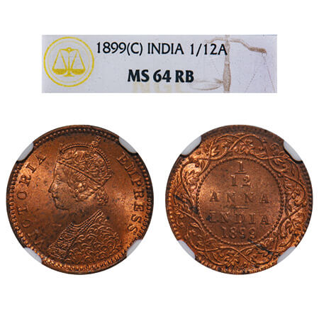 Victoria Empress, Copper, 1/12 Anna, 1899, Calcutta Mint, No mint mark, Obv B. F. Prid 804
