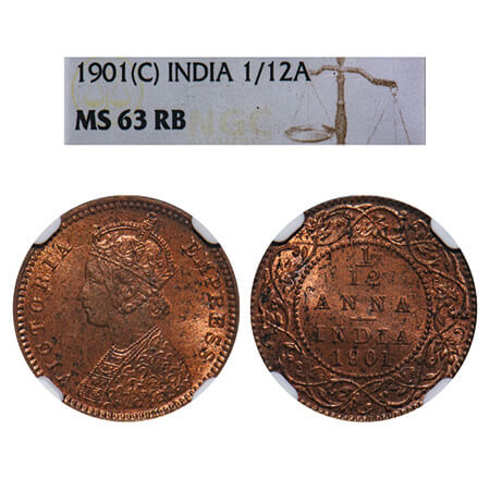 Victoria Empress, Copper, 1/12 Anna, 1901, Calcutta Mint, No mint mark, Obv B. F. Prid 805