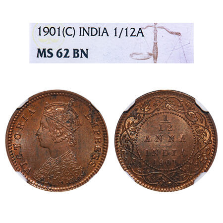 Victoria Empress, Copper, 1/12 Anna, 1901, Calcutta Mint, No mint mark, Obv B. F. Prid 805