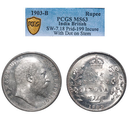 Edward VII, Silver, Rupee, 1903, Bombay Mint, 'B' incused & dot. F. Prid 199. GK 926. PCGS