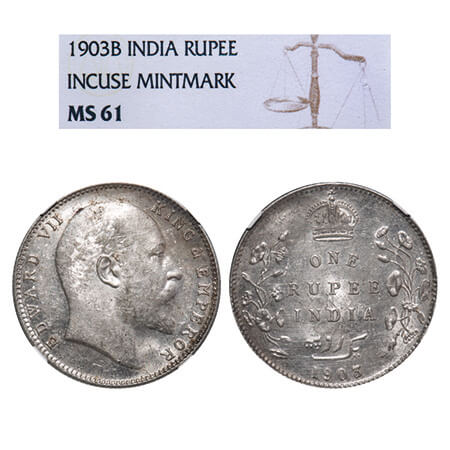 Edward VII, Silver, Rupee, 1903, Bombay Mint, 'B' incused & dot. F. Prid 199. GK 926. NGC 
