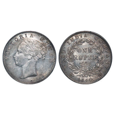 Victoria Queen, Silver, Rupee, 1840, CL, Calcutta Mint, A/II, English Head, With bud leave