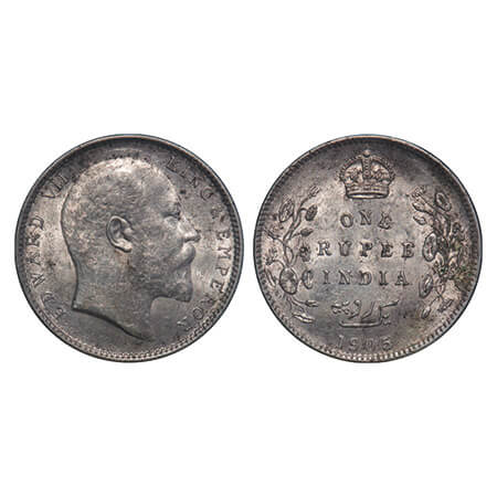 Edward VII, Silver, Rupee, 1905, Calcutta Mint, No mint mark, Die cracks on Obv & Rev. F. 