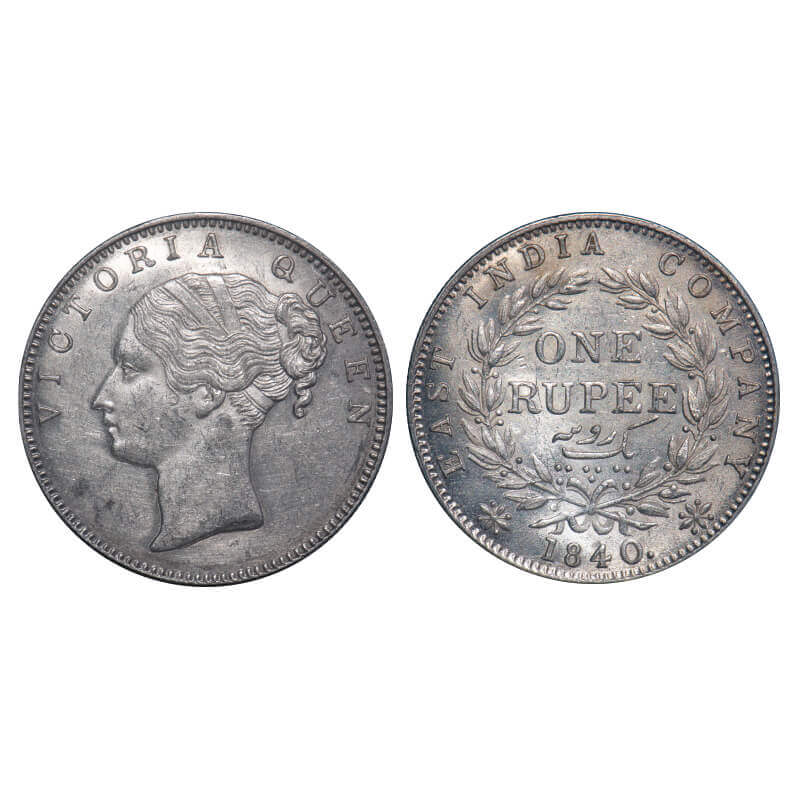 Victoria Queen, Silver, Rupee, 1840, CL, Calcutta Mint, A/II, English Head, With bud leave