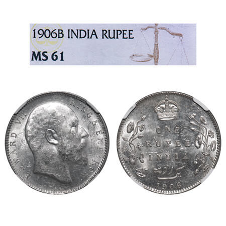 Edward VII, Silver, Rupee, 1906, Bombay Mint, 'B' incused & dot. F. Prid 202. GK 940. NGC 