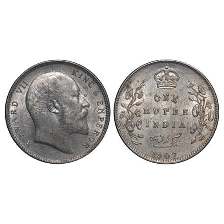 Edward VII, Silver, Rupee, 1907, Calcutta Mint, No mint mark, Ghost on Rev. F. Prid 193. G