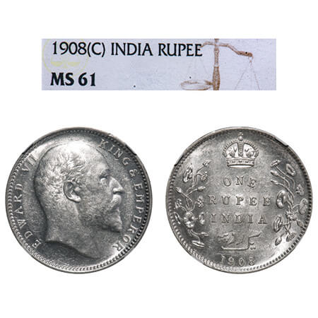Edward VII, Silver, Rupee, 1908, Calcutta Mint, No mint mark. F. Prid 194. GK 946. NGC Sla