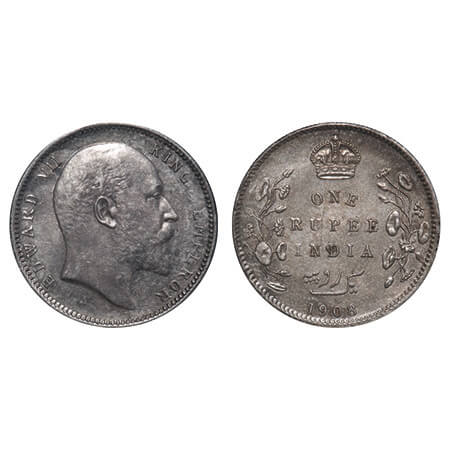 Edward VII, Silver, Rupee, 1908, Calcutta Mint, No mint mark. F. Prid 194. GK 946. Uncircu