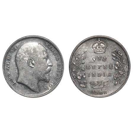 Edward VII, Silver, Rupee, 1908, Calcutta Mint, No mint mark. F. Prid 194. GK 946. Almost 