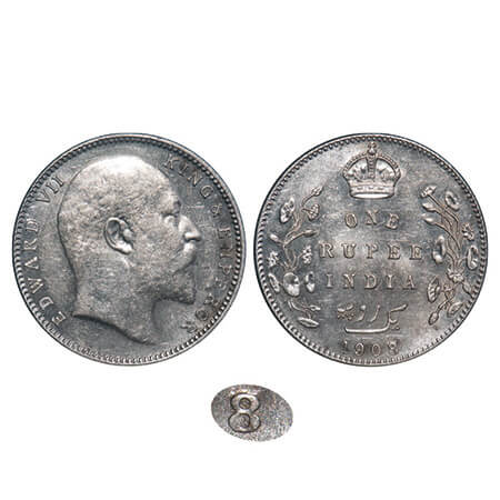 Edward VII, Silver, Rupee, 1908, Bombay Mint, 'B' incused & dot, Numeral 8 struck on numer