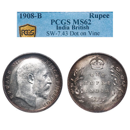 Edward VII, Silver, Rupee, 1908, Bombay Mint, 'B' incused & dot. F. Prid 204. GK 948. PCGS