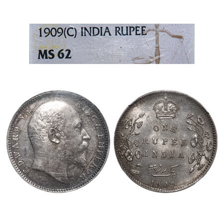 Edward VII, Silver, Rupee, 1909, Calcutta Mint, No mint mark. F. Prid 195. GK 950. NGC Sla