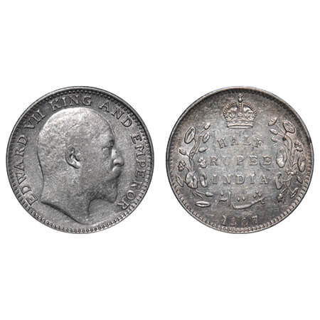 Edward VII, Silver, Half Rupee, 1907, Bombay Mint, 'B' incused & dot. F. Prid 316. GK 965.