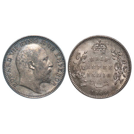 Edward VII, Silver, Half Rupee, 1909, Calcutta Mint, No mint mark. F. Prid 313. GK 969. Ab