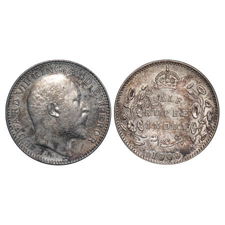 Edward VII, Silver, Half Rupee, 1909, Calcutta Mint, No mint mark, Ghost on Obv. F. Prid 3