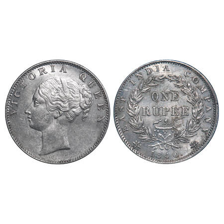 Victoria Queen, Silver, Rupee, 1840, CL, Calcutta Mint, A/VI, English Head, Wreath with 35