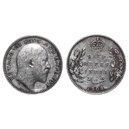 Edward VII, Silver, Half Rupee, 1909, Calcutta Mint, No mint mark. F. Prid 313. GK 969. Al