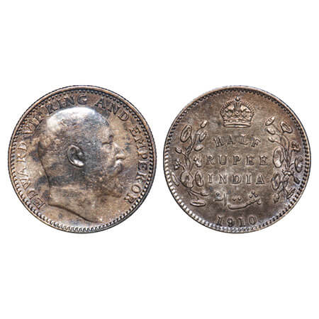 Edward VII, Silver, Half Rupee, 1910, Calcutta Mint, No mint mark. F. Prid 314. GK 971. Ex