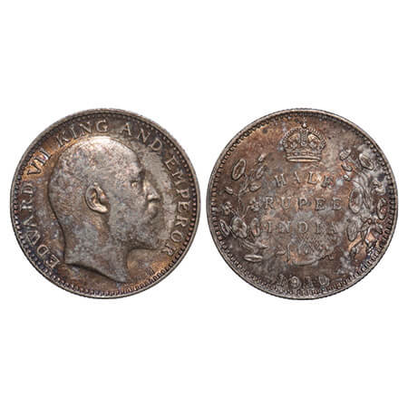 Edward VII, Silver, Half Rupee, 1910, Calcutta Mint, No mint mark. F. Prid 314. GK 971. Ab