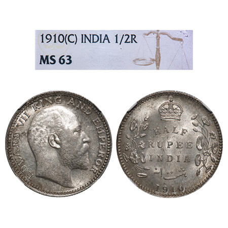 Edward VII, Silver, Half Rupee, 1910, Calcutta Mint, No mint mark. F. Prid 314. GK 971. NG