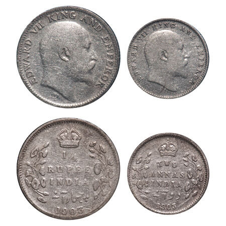 Edward VII, Silver, 1/4 Rupee & 2 Annas, (2 coins), 1903, Calcutta Mint, No mint mark. F. 