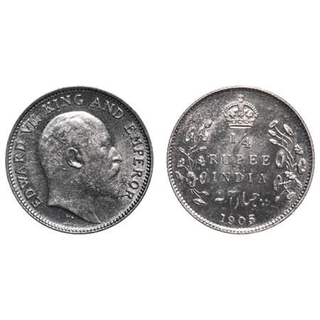 Edward VII, Silver, 1/4 Rupee, 1905, Calcutta Mint, No mint mark, Ghost on Rev. F. Prid 43