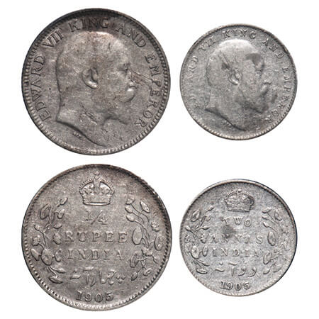Edward VII, Silver, 1/4 Rupee & 2 Annas, (2 coins), 1905, Calcutta Mint, No mint mark, Pla