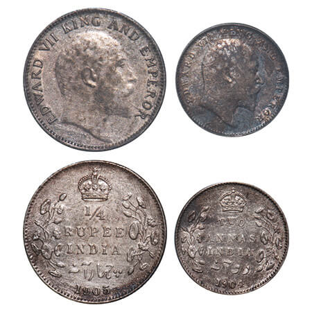 Edward VII, Silver, (2 coins), 1) 1/4 Rupee, 1905, Calcutta Mint, No mint mark, 2) 2 Annas
